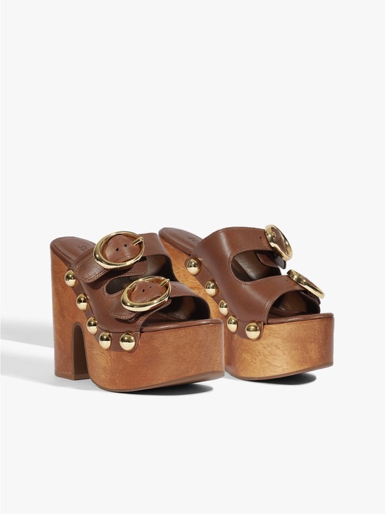 SCHUTZ Shoes - SCHUTZ Juno Brown Leather Platform Slide Sandals with Gold Accents